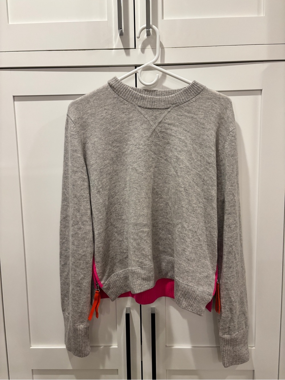 Gray Crewneck Sweater with Pink Hem Accent